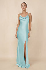 Sheath Cowl Neck Satin Bridesmaid Dress With Slit in Bleached Aqua - KissProm Bridesmaid Dresses