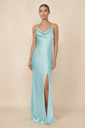 Sheath Cowl Neck Satin Bridesmaid Dress With Slit in Bleached Aqua - KissProm Bridesmaid Dresses