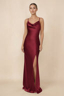 Sheath Cowl Neck Satin Bridesmaid Dress With Slit in Burgundy - KissProm Bridesmaid Dresses