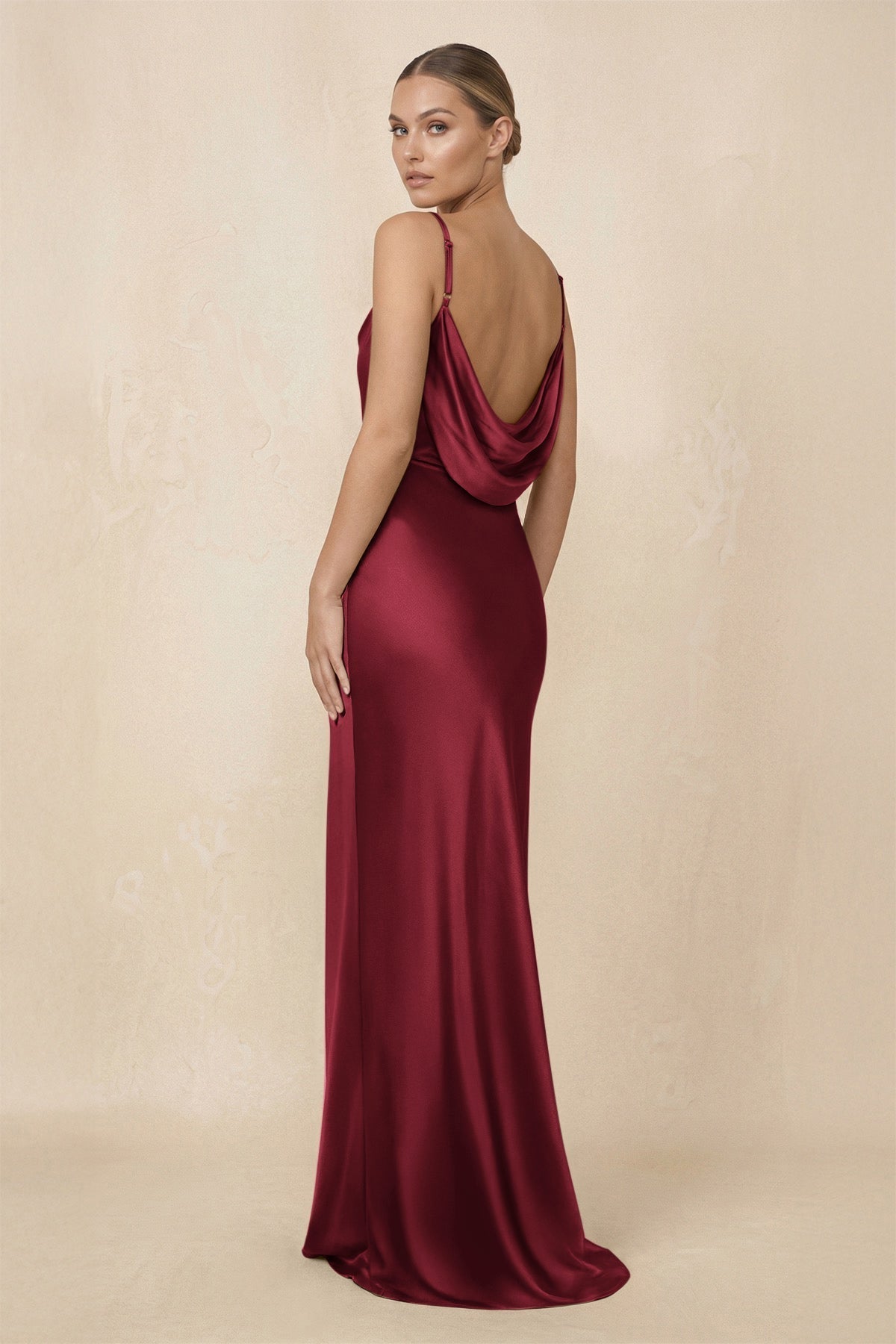 KissProm Sheath Cowl Neck Satin Bridesmaid Dress With Slit in Burgundy, Burgundy / 6