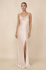 Sheath Cowl Neck Satin Bridesmaid Dress With Slit in Buttercream - KissProm Bridesmaid Dresses