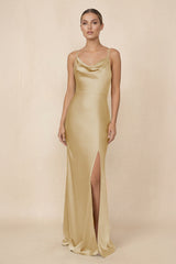 Sheath Cowl Neck Satin Bridesmaid Dress With Slit in Champagne - KissProm Bridesmaid Dresses