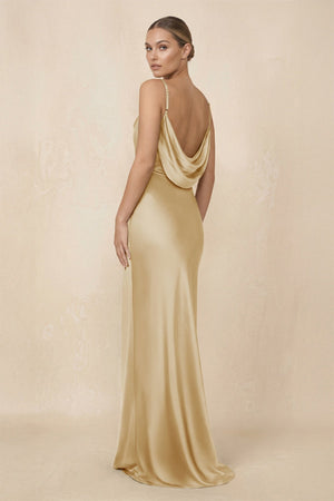Sheath Cowl Neck Satin Bridesmaid Dress With Slit in Champagne - KissProm Bridesmaid Dresses