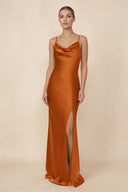 Sheath Cowl Neck Satin Bridesmaid Dress With Slit in Cinnamon - KissProm Bridesmaid Dresses