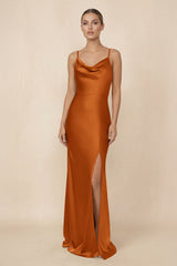 Sheath Cowl Neck Satin Bridesmaid Dress With Slit in Cinnamon - KissProm Bridesmaid Dresses