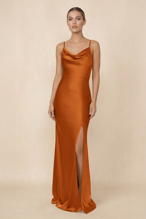 Sheath Cowl Neck Satin Bridesmaid Dress With Slit in Cinnamon - KissProm Bridesmaid Dresses