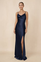 Sheath Cowl Neck Satin Bridesmaid Dress With Slit in Dark Navy - KissProm Bridesmaid Dresses