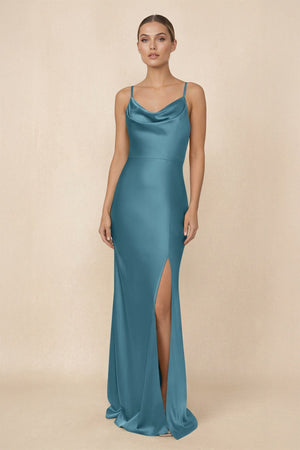Sheath Cowl Neck Satin Bridesmaid Dress With Slit in Dark Teal - KissProm Bridesmaid Dresses