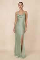 Sheath Cowl Neck Satin Bridesmaid Dress With Slit in Dove Gray - KissProm Bridesmaid Dresses