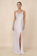 Sheath Cowl Neck Satin Bridesmaid Dress With Slit in Dusk - KissProm Bridesmaid Dresses