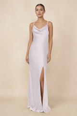 Sheath Cowl Neck Satin Bridesmaid Dress With Slit in Dusk - KissProm Bridesmaid Dresses