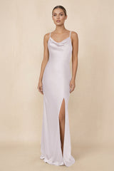 Sheath Cowl Neck Satin Bridesmaid Dress With Slit in Dusk - KissProm Bridesmaid Dresses