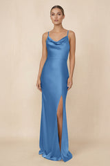 Sheath Cowl Neck Satin Bridesmaid Dress With Slit in Dusty Blue - KissProm Bridesmaid Dresses