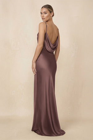 Sheath Cowl Neck Satin Bridesmaid Dress With Slit in Espresso - KissProm Bridesmaid Dresses