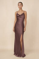Sheath Cowl Neck Satin Bridesmaid Dress With Slit in Espresso - KissProm Bridesmaid Dresses
