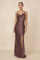 Sheath Cowl Neck Satin Bridesmaid Dress With Slit in Espresso - KissProm Bridesmaid Dresses