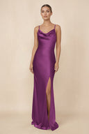 Sheath Cowl Neck Satin Bridesmaid Dress With Slit in Fig - KissProm Bridesmaid Dresses