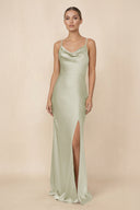Sheath Cowl Neck Satin Bridesmaid Dress With Slit in Frost - KissProm Bridesmaid Dresses