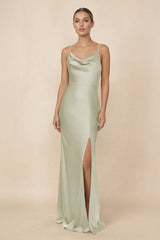 Sheath Cowl Neck Satin Bridesmaid Dress With Slit in Frost - KissProm Bridesmaid Dresses