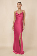 Sheath Cowl Neck Satin Bridesmaid Dress With Slit in Fuchsia - KissProm Bridesmaid Dresses