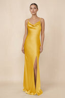 Sheath Cowl Neck Satin Bridesmaid Dress With Slit in Gold - KissProm Bridesmaid Dresses