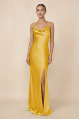 Sheath Cowl Neck Satin Bridesmaid Dress With Slit in Gold - KissProm Bridesmaid Dresses