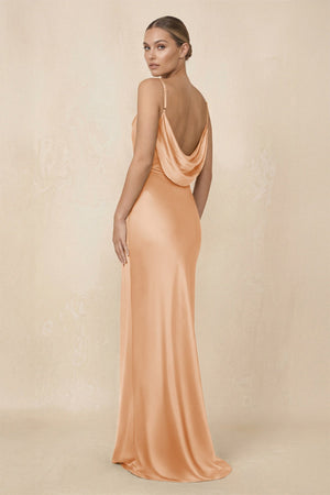 Sheath Cowl Neck Satin Bridesmaid Dress With Slit in Golden Champagne - KissProm Bridesmaid Dresses