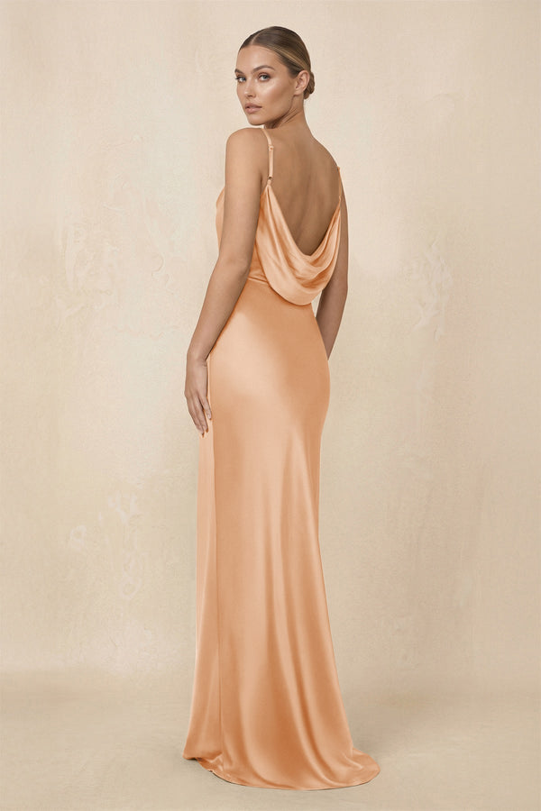 Sheath Cowl Neck Satin Bridesmaid Dress With Slit in Golden Champagne - KissProm Bridesmaid Dresses