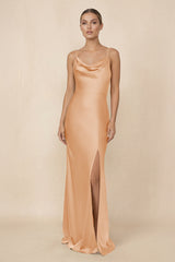 Sheath Cowl Neck Satin Bridesmaid Dress With Slit in Golden Champagne - KissProm Bridesmaid Dresses