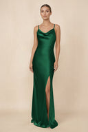 Sheath Cowl Neck Satin Bridesmaid Dress With Slit in Green - KissProm Bridesmaid Dresses