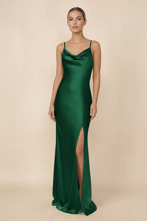 Sheath Cowl Neck Satin Bridesmaid Dress With Slit in Green - KissProm Bridesmaid Dresses