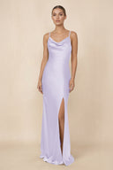 Sheath Cowl Neck Satin Bridesmaid Dress With Slit in Lavender - KissProm Bridesmaid Dresses