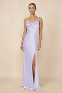 Sheath Cowl Neck Satin Bridesmaid Dress With Slit in Lavender - KissProm Bridesmaid Dresses