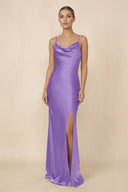Sheath Cowl Neck Satin Bridesmaid Dress With Slit in Lilac - KissProm Bridesmaid Dresses