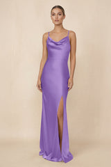 Sheath Cowl Neck Satin Bridesmaid Dress With Slit in Lilac - KissProm Bridesmaid Dresses