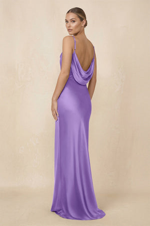 Sheath Cowl Neck Satin Bridesmaid Dress With Slit in Lilac - KissProm Bridesmaid Dresses