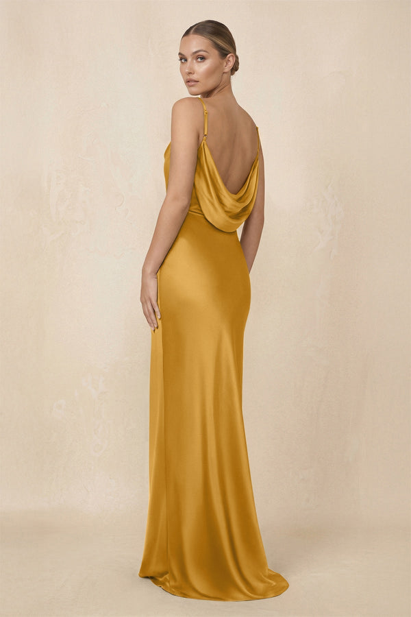 Sheath Cowl Neck Satin Bridesmaid Dress With Slit in Marigold - KissProm Bridesmaid Dresses