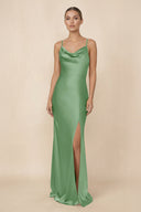 Sheath Cowl Neck Satin Bridesmaid Dress With Slit in Matcha - KissProm Bridesmaid Dresses