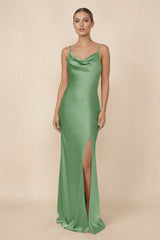 Sheath Cowl Neck Satin Bridesmaid Dress With Slit in Matcha - KissProm Bridesmaid Dresses
