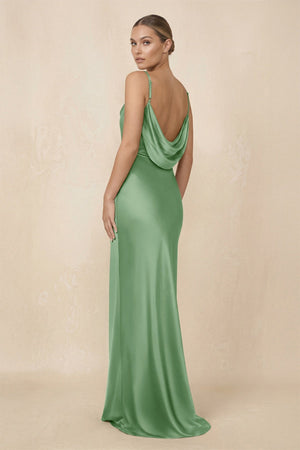 Sheath Cowl Neck Satin Bridesmaid Dress With Slit in Matcha - KissProm Bridesmaid Dresses
