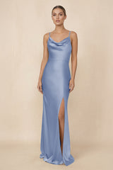 Sheath Cowl Neck Satin Bridesmaid Dress With Slit in Mist - KissProm Bridesmaid Dresses