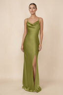 Sheath Cowl Neck Satin Bridesmaid Dress With Slit in Moss Green - KissProm Bridesmaid Dresses