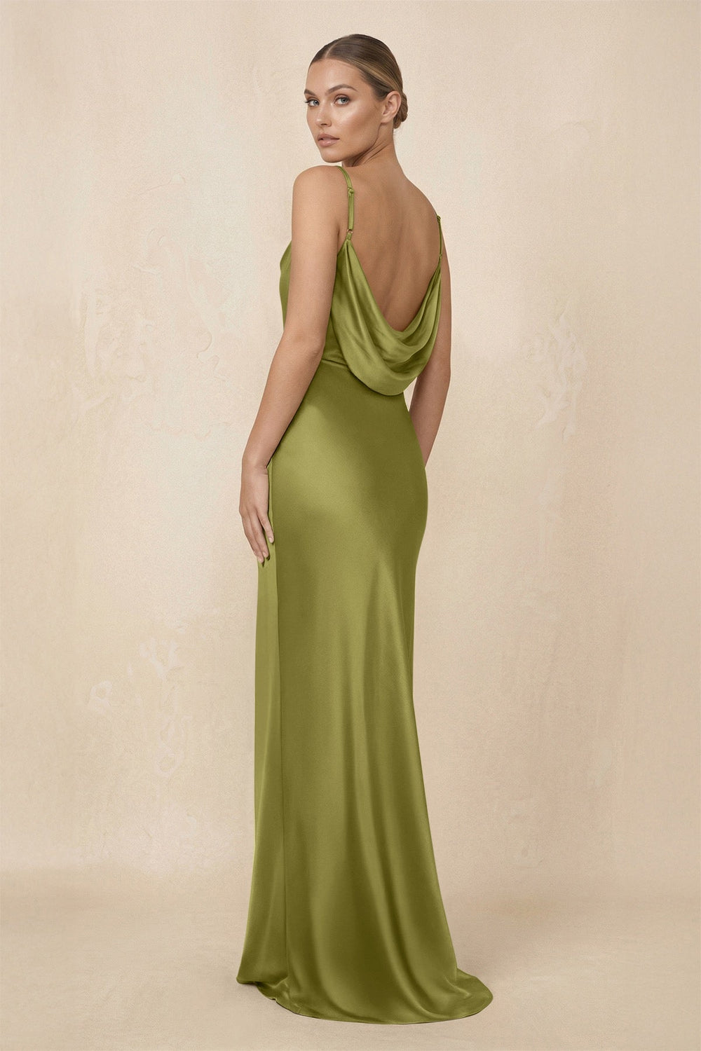 Sheath Cowl Neck Satin Bridesmaid Dress With Slit in Moss Green - KissProm Bridesmaid Dresses