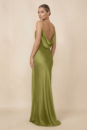 Sheath Cowl Neck Satin Bridesmaid Dress With Slit in Moss Green - KissProm Bridesmaid Dresses