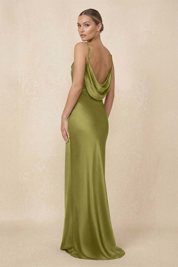 Sheath Cowl Neck Satin Bridesmaid Dress With Slit in Moss Green - KissProm Bridesmaid Dresses