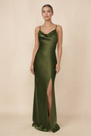 Sheath Cowl Neck Satin Bridesmaid Dress With Slit in Olive - KissProm Bridesmaid Dresses
