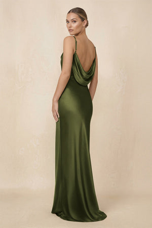 Sheath Cowl Neck Satin Bridesmaid Dress With Slit in Olive - KissProm Bridesmaid Dresses