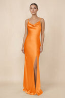 Sheath Cowl Neck Satin Bridesmaid Dress With Slit in Orange - KissProm Bridesmaid Dresses