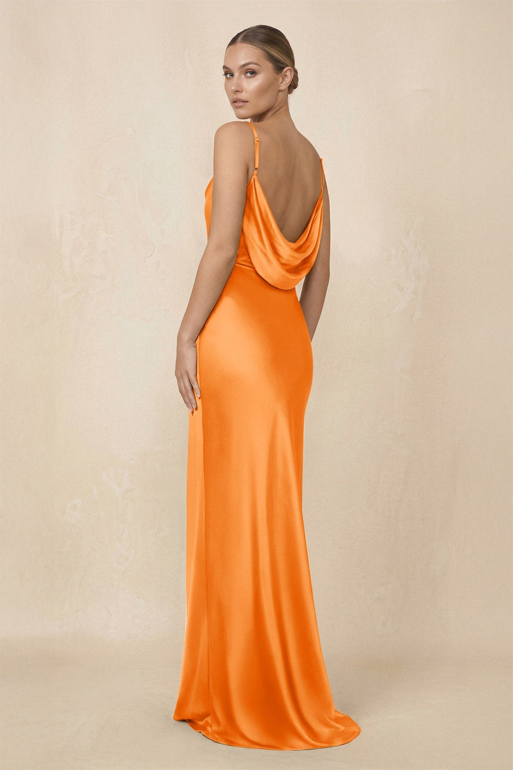 Sheath Cowl Neck Satin Bridesmaid Dress With Slit in Orange - KissProm Bridesmaid Dresses