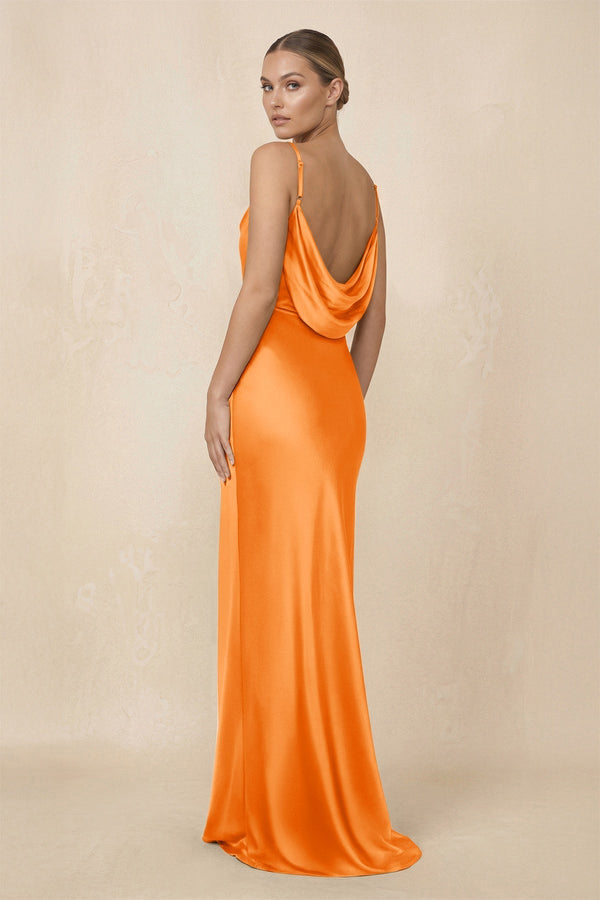 Sheath Cowl Neck Satin Bridesmaid Dress With Slit in Orange - KissProm Bridesmaid Dresses